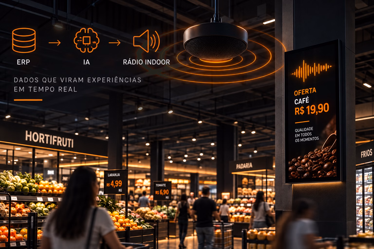 Rádio indoor de supermercado com promoções em áudio geradas a partir do ERP