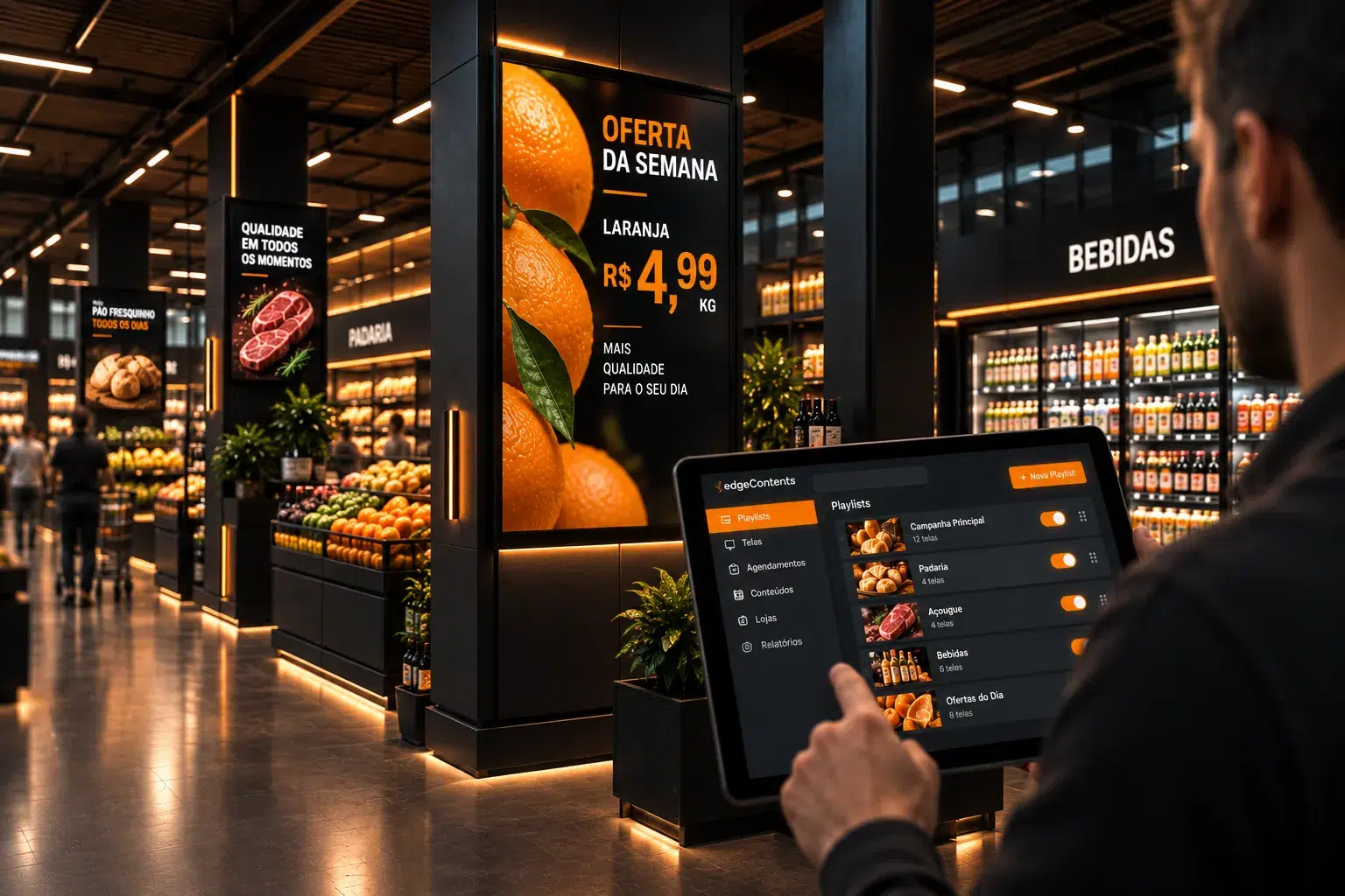 Rede de telas de digital signage em uma loja, com campanha própria e inventário publicitário